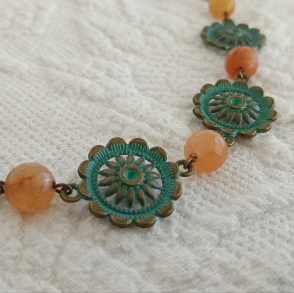 Handcrafted Green Verdigris Medallion Necklace Orange Carnelian Gemstone Beads - Picture 3 of 6
